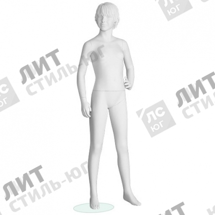 Манекен детский (девочка), скульптурный, белого цвета, для одежды в полный рост, на 12 лет, стоячий прямо, левая рука согнута