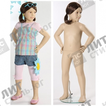 Манекен детский (девочка), реалистичный телесный (парик отдельно), для одежды в полный рост на 4 года, стоячий в пол-оборота, руки согнуты