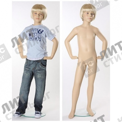 Манекен детский (мальчик), реалистичный телесный (парик отдельно), для одежды в полный рост на 6 лет, стоячий прямо, руки согнуты в локтях