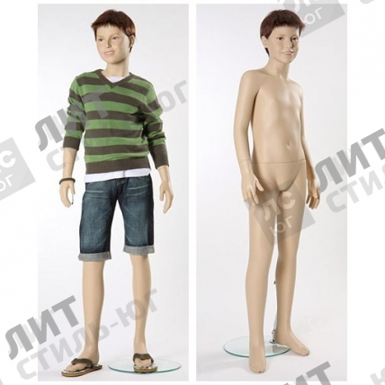 Манекен детский (мальчик), реалистичный телесный (парик отдельно), для одежды в полный рост на 10 лет, стоячий в пол-оборота