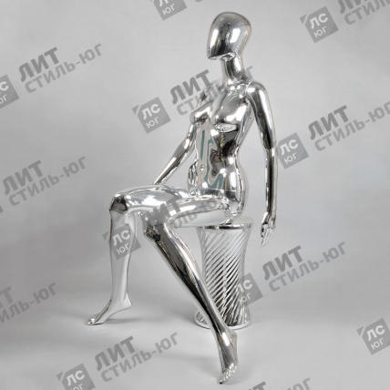 Манекен женский сидячий без лица, серебряный глянец
