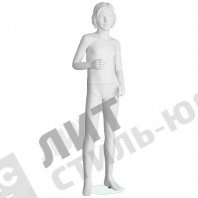 Манекен детский (девочка), скульптурный, белого цвета, для одежды в полный рост, на 10 лет, стоячий прямо, правая рука согнута