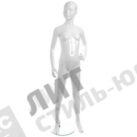 Манекен детский, стилизованный, белый глянец, для одежды в полный рост, на 12 лет, стоячий прямо, левая рука согнута в локте