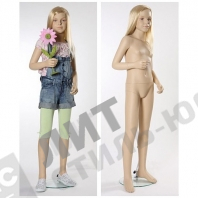 Манекен детский (девочка), реалистичный телесный (парик отдельно), для одежды в полный рост на 10 лет, стоячий прямо, правая рука согнута